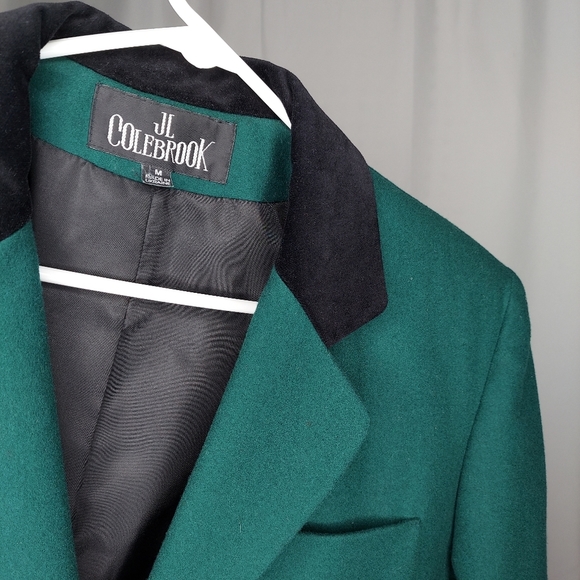 JL Colebrook Blazer Medium Green Black Velvet Collar Vneck Pocket Button Vintage - Picture 3 of 8
